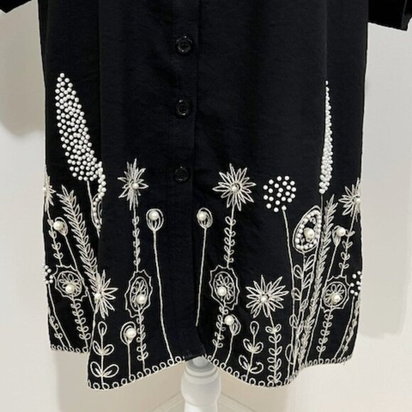 Simon Chang Black Button Dress Tunic Top Floral Embroidered & Beaded Size 10 - Picture 3 of 9